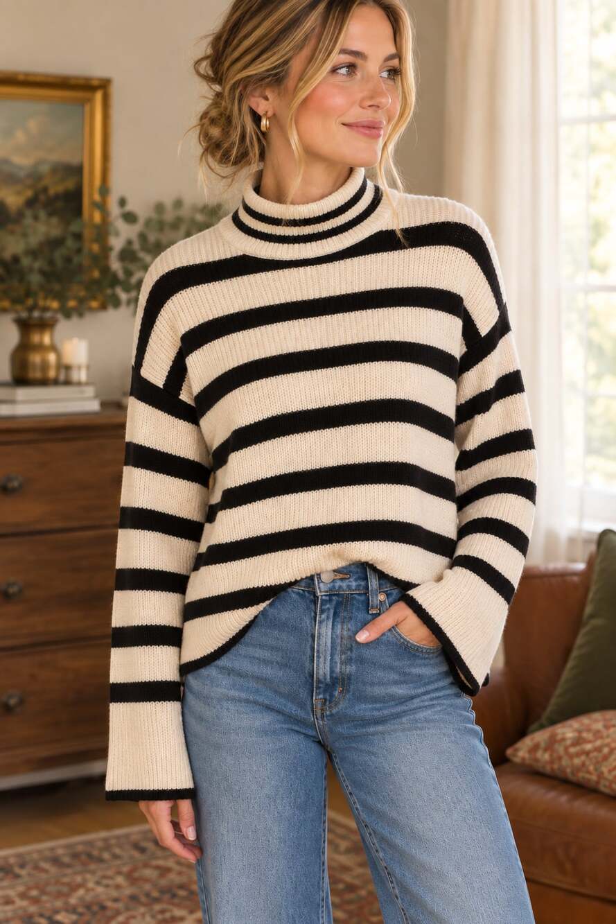 White House Black Market Cashmere Blend Striped Bell Sleeve Mock Neck Sweater M